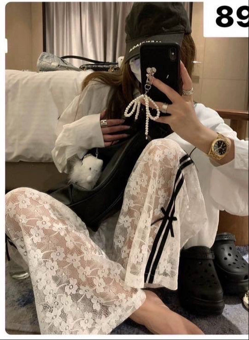 Women Stylish Mesh Lace Track Pant With Bow Decor